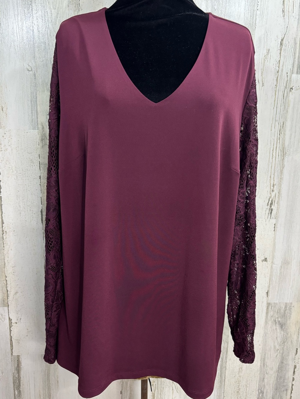 INC International Concepts Plum V-Neck Top with Lace Long Sleeves
